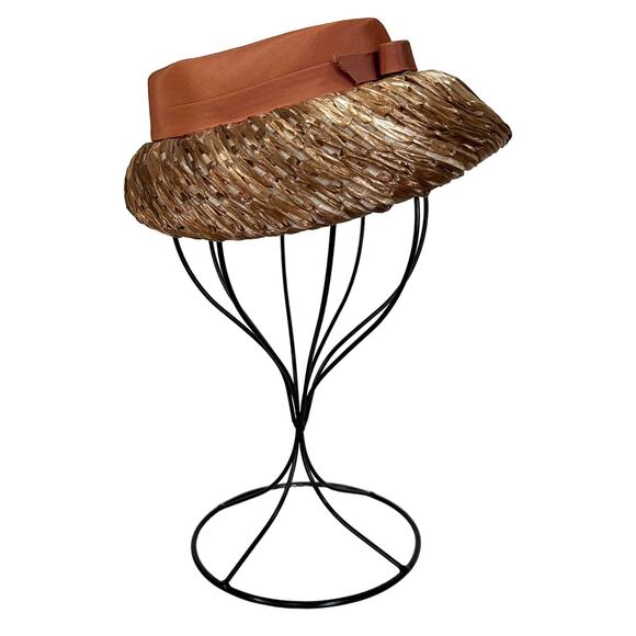 Vintage 50s Women’s Hat Straw Pillbox Fascinator Tan with Satin Ribbon